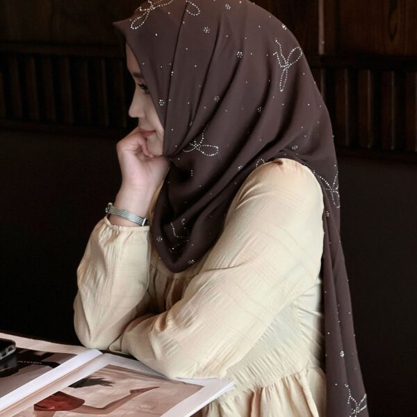 Coffee Chiffon Hijab with Rhinestone Bow - Luxurious Elegance