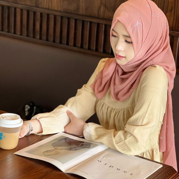 Premium Rose Pink Hijab - Luxurious Chiffon with Elegant Bow & Rhinestone Accents