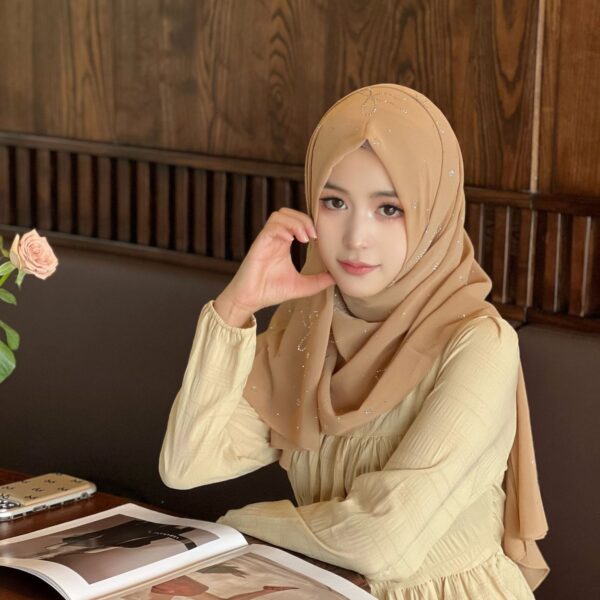 Light Khaki Chiffon Hijab with Rhinestone Bow - Luxurious Craftsmanship