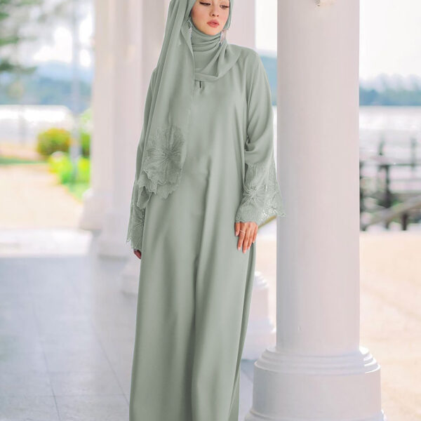 Sage Green Abaya Set with Matching Hijab - Embroidered Lace & Ruffled Sleeves