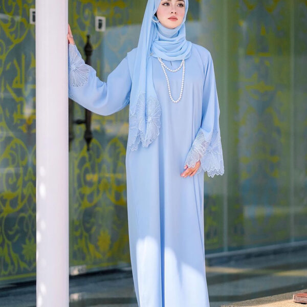 Sky Blue Abaya Set with Matching Hijab - Embroidered Lace & Ruffled Sleeves
