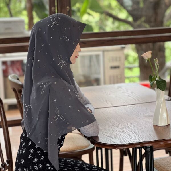 Smoky Gray Chiffon Hijab with Rhinestone Bow - Luxurious & Devotional