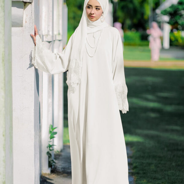 White Embroidered Abaya - Elegant Lace & Ruffled Sleeves with Matching Hijab