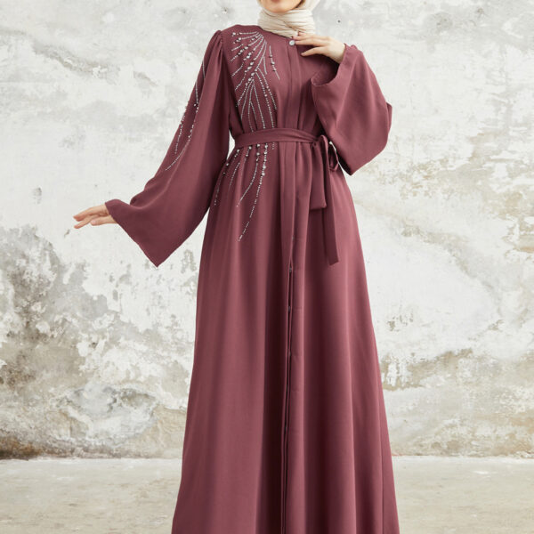 Reddish-Pink Abaya with Beaded Rhinestone Detailing