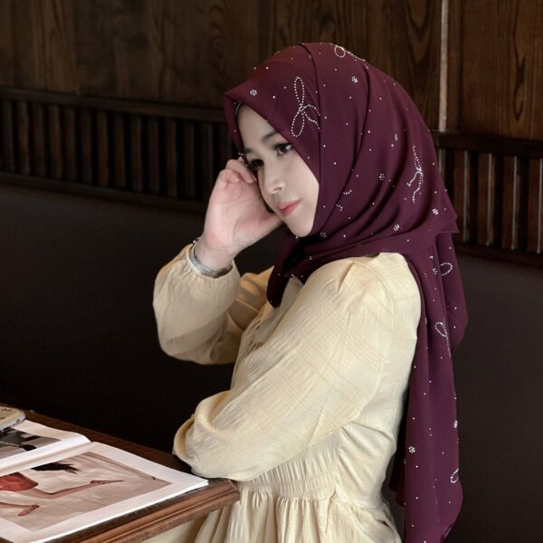 Cherry Red Chiffon Hijab with Rhinestone Bow - Luxurious Feel