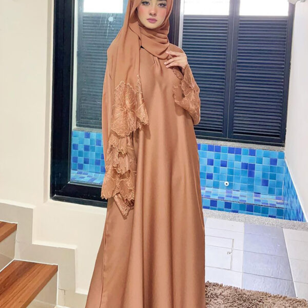 Khaki Abaya Set with Matching Hijab - Embroidered Lace & Ruffled Sleeves